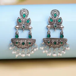 Zoey German Silver-Plated Stones Studded & Beaded Paisley Shaped Oxidised Drop Earrings-13