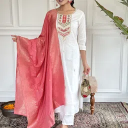 KALINI Floral Embroidered Straight Thread Work Kurta With Trousers And Dupatta-picture-10