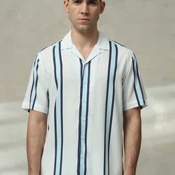 Mufti Men Cuban Collar Vertical Striped Casual Shirt-picture-46