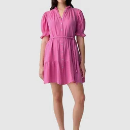 GAP Solid Gauze Mini Belted High Neck Pure Cotton A-Line Dress-picture-41