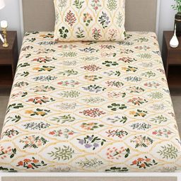 Aura Cream-Coloured Floral 144 TC Single Bedsheet with 2 Pillow Covers-image-98