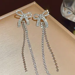 KRENOZ Silver-Plated Rhinestone Studded Bow Design Drop Earrings-8