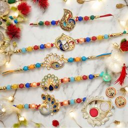 MEIRA JEWELLERY Set Of 5 Beaded Peacock Rakhi Comes with Roli Chawal & Greeting Card-16
