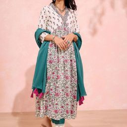 Taneira Floral Printed Pure Cotton V-Neck Empire Kurta With Trousers & Dupatta-image-1