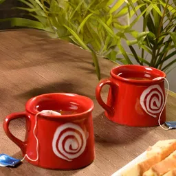 Unravel India Red & White Handcrafted and Hand Painted Solid Ceramic Matte Mugs Set of Cups and Mugs-22