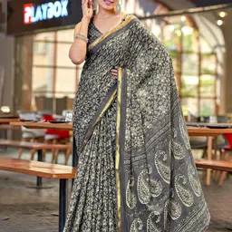 Pandadi Saree Ethnic Motifs Printed Zari Bagru Sarees with Unstitched Blouse Piece-picture-11