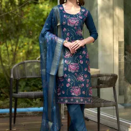 YOELLA Women Floral Embroidered Regular Sequinned Kurti with Trousers & With Dupatta-picture-11