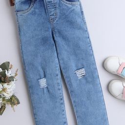 BRIGHT STARS KIDSWEAR Girls Blue Cotton Ripped Full Length Elasticated Mid-Rise Jeans-image-96