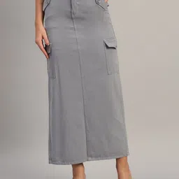The Roadster Lifestyle Co 100% Cotton Straight Cargo Midi Skirt With Back Slit-picture-52