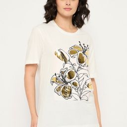Mast & Harbour Women Floral Printed Round Neck Cotton Relaxed Fit T-shirt-picture-37