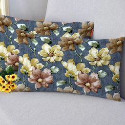 Blue Grass Blue & Beige 2 Pieces Floral Velvet Rectangle Cushion Covers-image-51