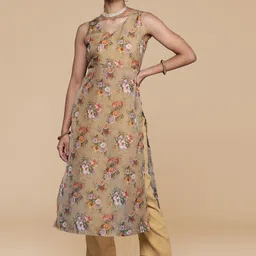 House of Pataudi Floral Printed V-Neck Sleeveless Straight Kurta & Trouser-image-95
