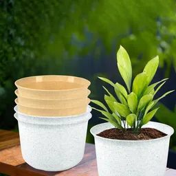 Kuber Industries 6Pcs White & Beige Textured Planters With Plate-27