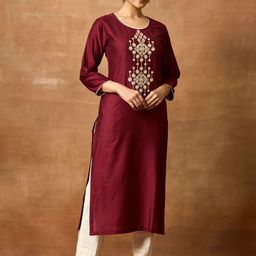 WOMEN PLUS Floral Yoke Design Round Neck Thread Work Pure Cotton Straight Kurta-39