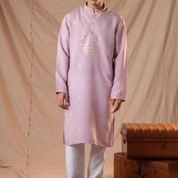 5 Stitch Ethnic Motifs Embroidered Sequinned Band Collar Straight Kurta With Pyjamas-image-91