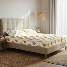 URBAN SPACE White & Mustard Geometric 200 TC King Bedsheet with 2 Pillow Covers-35