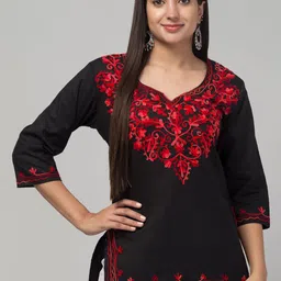 ILMA CREATION Floral Yoke Design Notch Neck Pure Cotton Straight Kurti-image-66