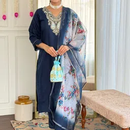 Siya Fashion Embroidered V-Neck Thread Work Straight Kurta With Trousers And Dupatta-picture-14