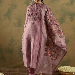 Indo Era Floral Printed Thread Work Chanderi Silk Straight Kurta with Trouser & Dupatta-16