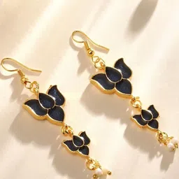 Stefan Gold-Plated Pearls Beaded Meenakari lotus shaped Drop Earrings-picture-29