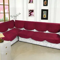 BIGGER FISH Maroon Checked Velvet Sofa Cover-image-49