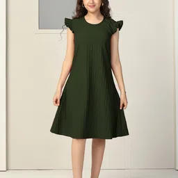 OMPAX Women Solid Flutter Sleeve A-Line Dress-6