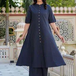 YASH GALLERY Striped Mandarin Collar Short Sleeves Regular A-Line Kurta With Palazzo-image-6