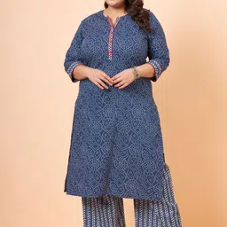 Tissu Plus Size Geometric Printed Notched Round Neck Pure Cotton Kurta with Palazzos-60
