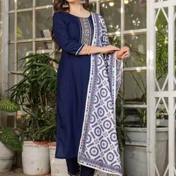SWEETPEL Ethnic Motifs Embroidered Straight Thread Work Kurta With Trousers & Dupatta-picture-34