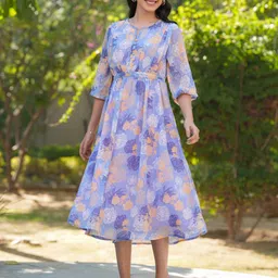 Janasya Floral Print Georgette A-Line Midi Dress-image-46