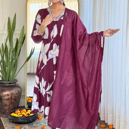 KALINI Floral Printed V-Neck A-Line Kurta With Trousers And Dupatta-picture-26