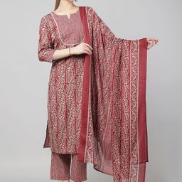 ETRAANA Ethnic Motifs Printed Round Neck Straight Kurta With Trousers & Dupatta-55