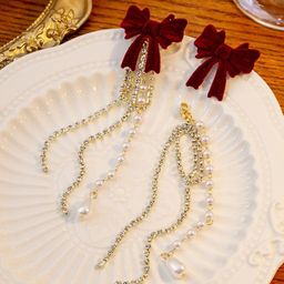 Celestique CZ Studded & Pearls Beaded Bow Shaped Korean Tasselled Drop Earrings-11