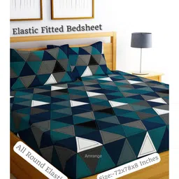 AMRANGE Gray & Blue Printed Fitted Microfiber 210 TC Double King Bedsheet Set 1.8m x 1.9m-picture-3