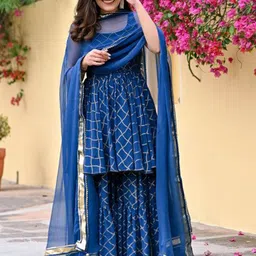 Shedika Women Printed Pleated Pure Cotton Kurta with Sharara & With Dupatta-image-5