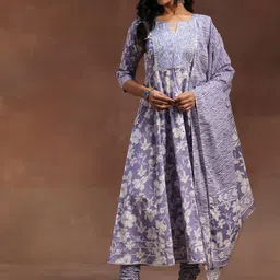 Libas Floral Printed Thread Work Pure Cotton Anarkali Kurta with Churidar & Dupatta-50