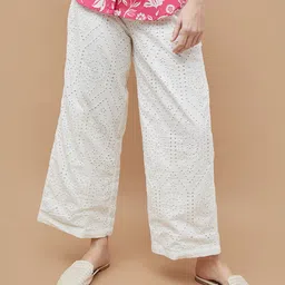 Colour Me by Melange Women Pure Cotton Schiffli Trousers-image-57
