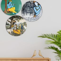 THE QUIRKY HOME 3Pc White & Blue Procession Printed Ceramic Premium Decorative Wall Decor-10