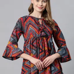 Cottinfab Geometric Print Tie-Up Neck Bell Sleeve Crepe Empire Top-image-51