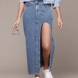 Roadster Pure Cotton Straight Denim Maxi Skirt with Cut-Out Detail-image-29