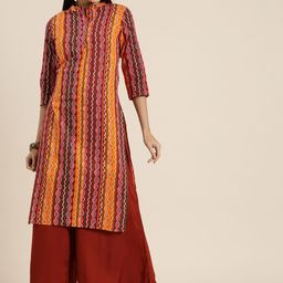 Sangria Women Red & Orange Bandhani Screen Print Pure Cotton Straight Kurta-28