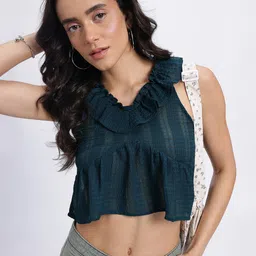 DressBerry Semi Sheer Ruffled Seersucker Empire Crop Top-1