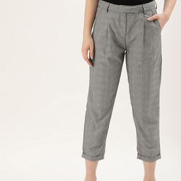 ether Women Grey & Black Tapered Fit Checked Cropped Trousers-picture-5