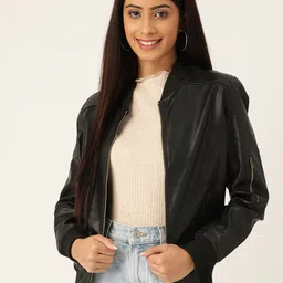 Leather Retail Women Black Solid Lightweight Biker Jacket-picture-20