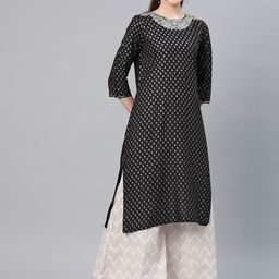 W Women Black & Golden Printed Straight Kurta-image-53
