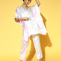 PANIT Women White & Pink Leheriya Printed Kaftan Kurta with Trousers-13