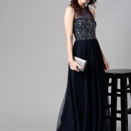 STREET 9 Women Navy Blue Embellished Detail Net Maxi Dress-image-87