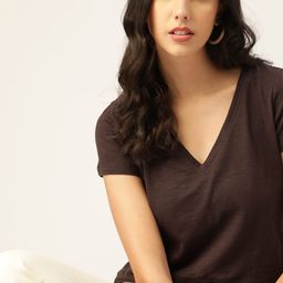 DressBerry Women Coffee Brown Slub Effect V-Neck Pure Cotton T-shirt-image-29