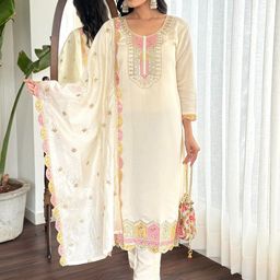 Moda Rapido Floral Embroidered Sequinned Chanderi Silk Kurta With Trousers & Dupatta-image-46