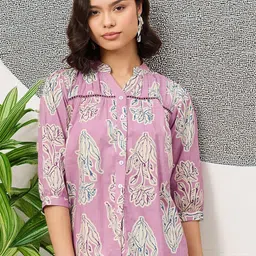 Moda Rapido Women Floral Printed Mandarin Collar Puff Sleeve Cotton Shirt Style Top-image-90